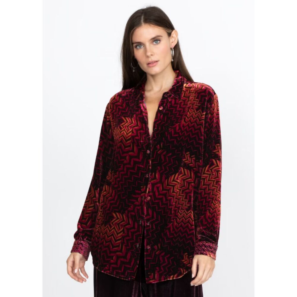 Johnny Was Belle Velvet Oversized Shirt Women's XS Red Burgundy Embroidered Boho
